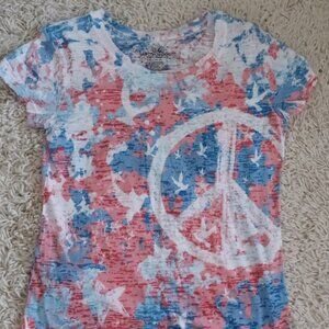 GreenSource Sz M Women’s Patriotic Peace Sign Graphic Burnout Tee Red White Blue